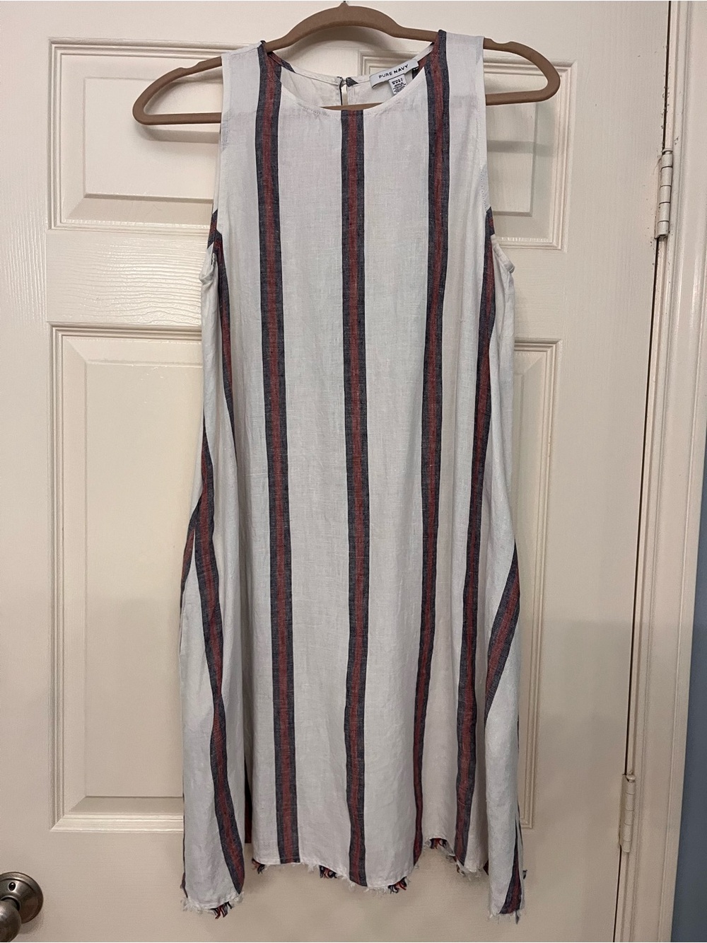 Lightweight Pure Navy Linen Midi Dress with Navy and Red Stripes